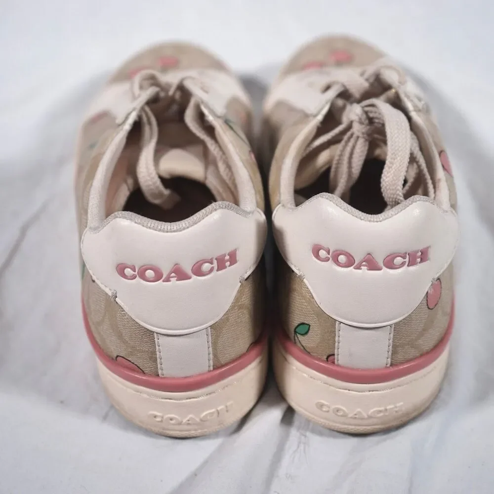 Coach Cherry All Over Print Sneakers Tan Beige Pink Women's 8.5B RARE